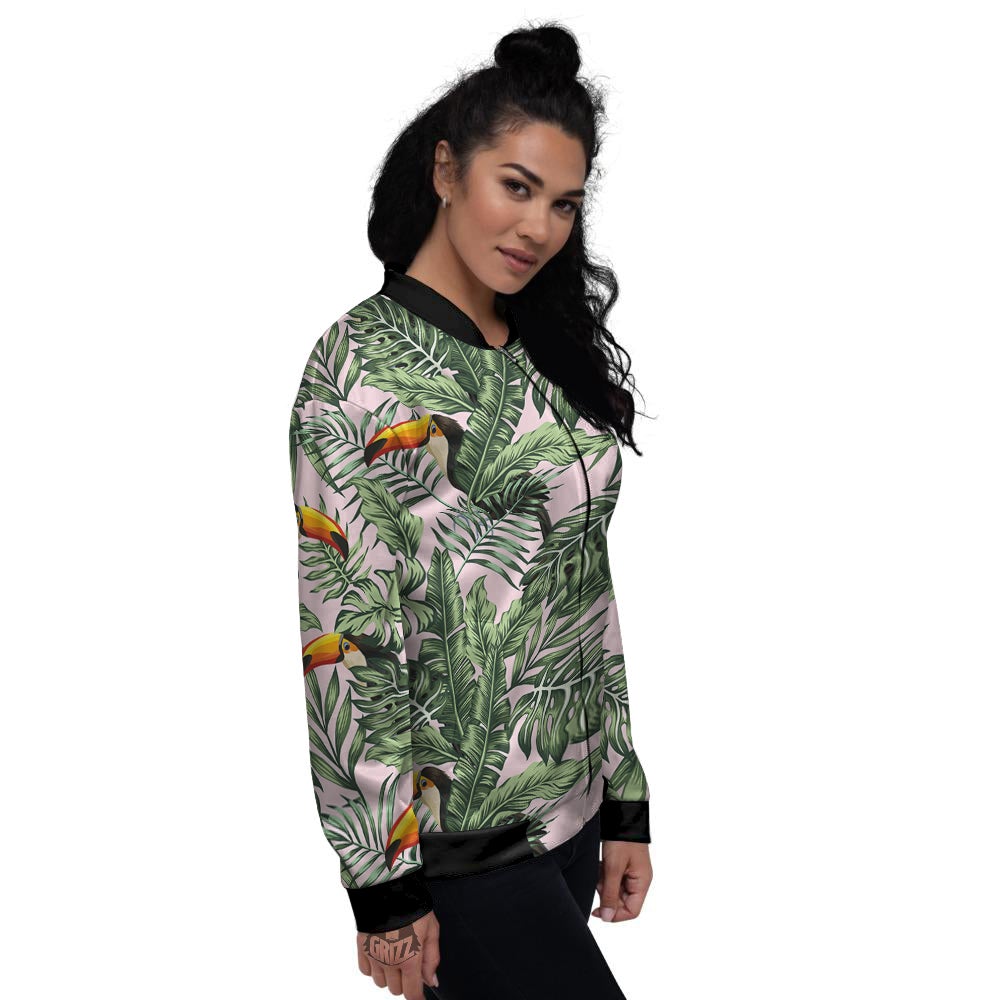 Toucan And Tropical Palm Leaf Print Women's Bomber Jacket-grizzshop