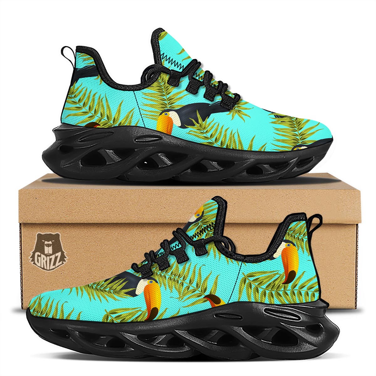 Toucan Toco Print Pattern Black Running Shoes-grizzshop