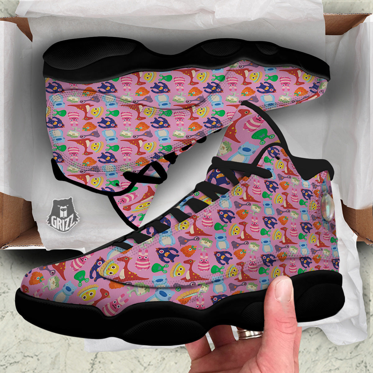 Toy Monster Cute Pink Print Pattern Black Basketball Shoes-grizzshop