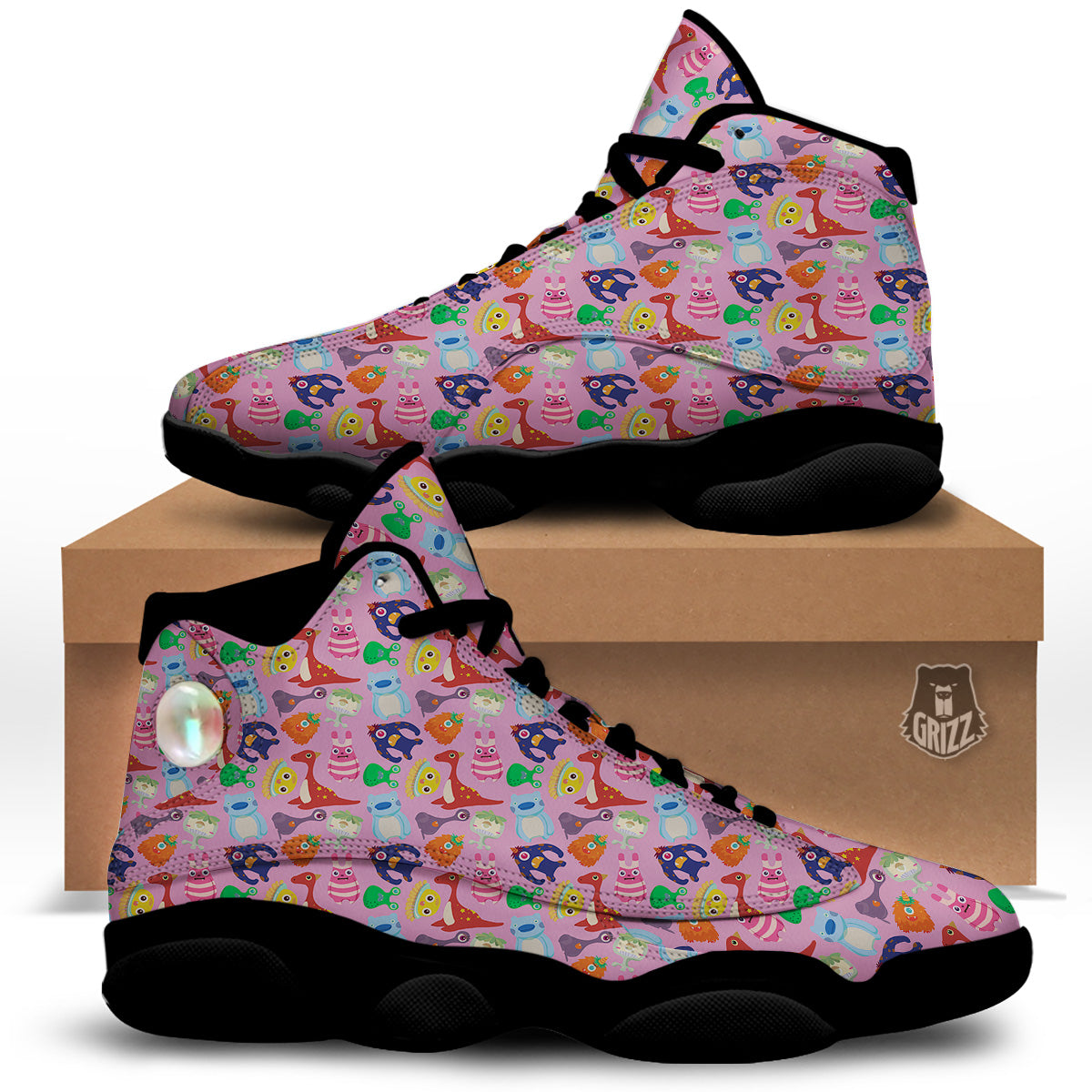 Toy Monster Cute Pink Print Pattern Black Basketball Shoes-grizzshop
