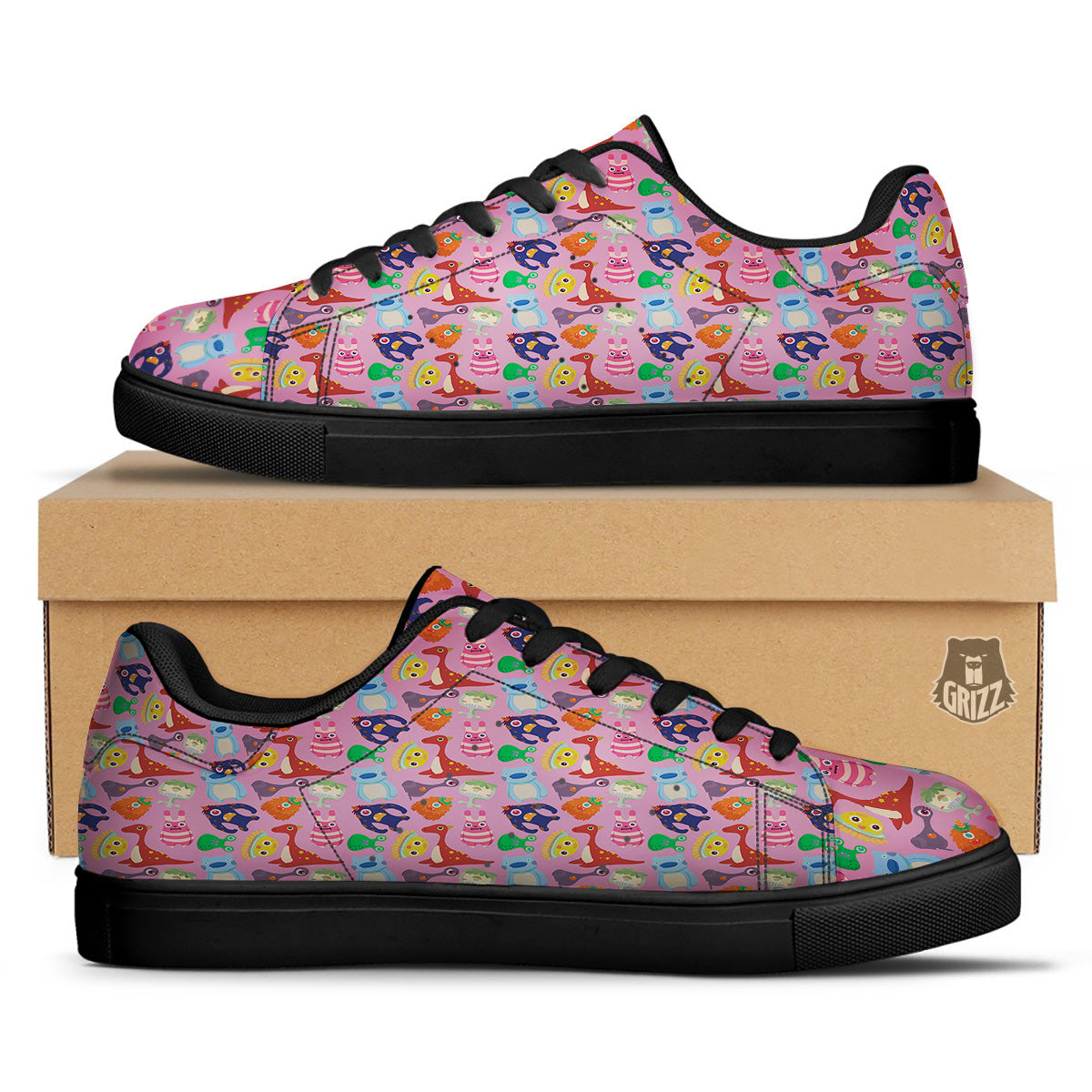 Toy Monster Cute Pink Print Pattern Black Low Top Sneakers-grizzshop