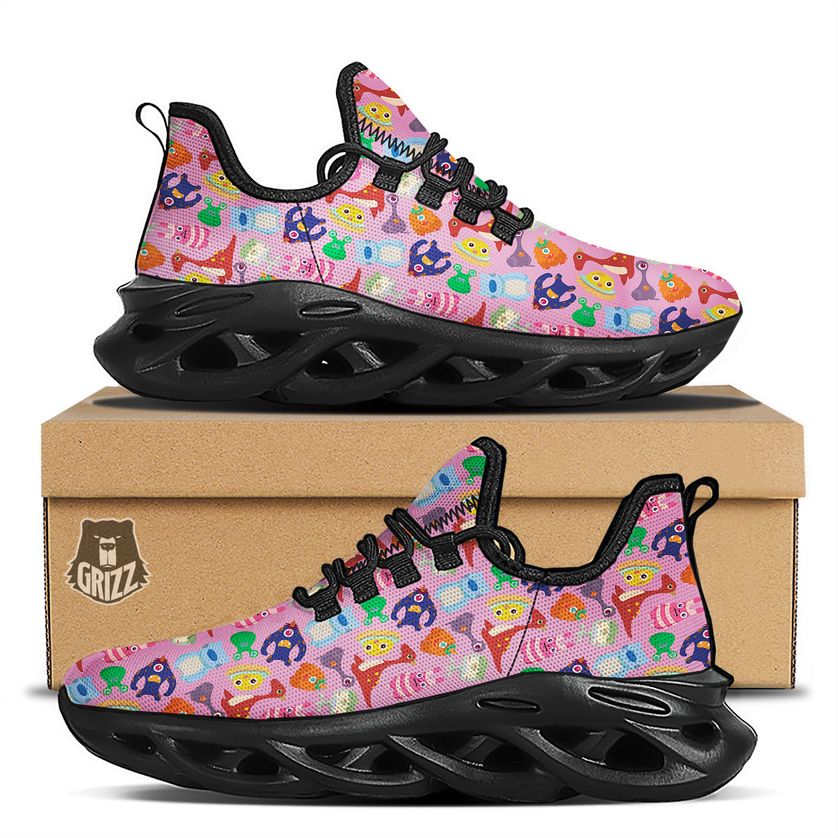 Toy Monster Cute Pink Print Pattern Black Running Shoes-grizzshop