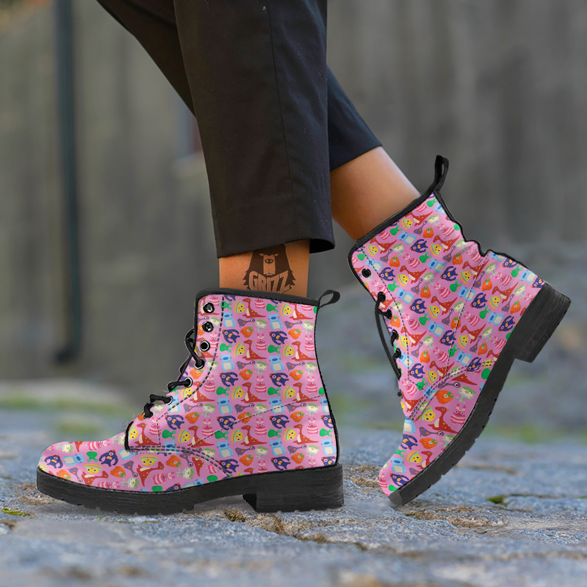 Toy Monster Cute Pink Print Pattern Leather Boots-grizzshop
