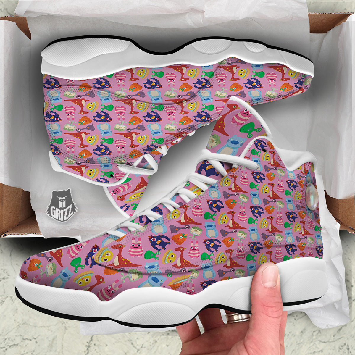 Toy Monster Cute Pink Print Pattern White Basketball Shoes-grizzshop