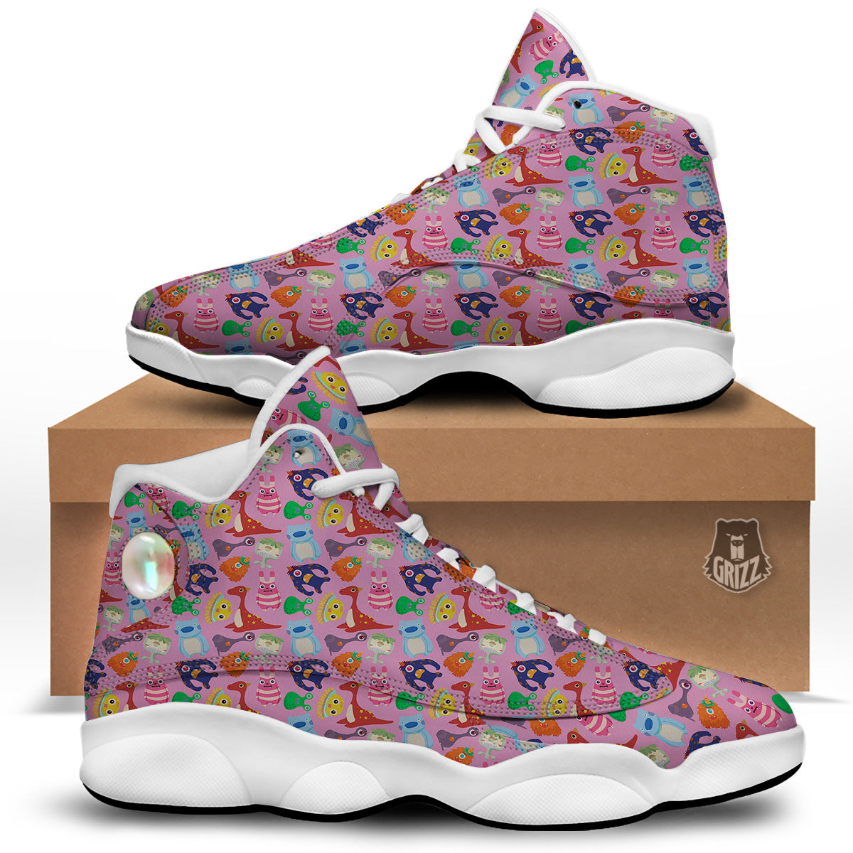 Toy Monster Cute Pink Print Pattern White Basketball Shoes-grizzshop