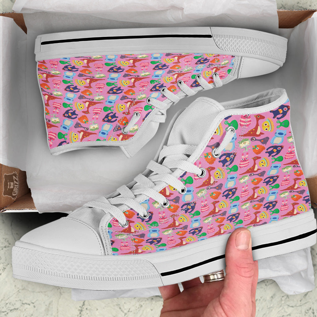 Toy Monster Cute Pink Print Pattern White High Top Shoes-grizzshop