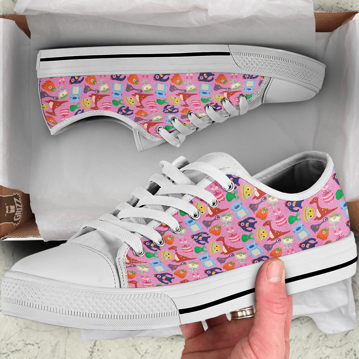 Toy Monster Cute Pink Print Pattern White Low Top Shoes-grizzshop
