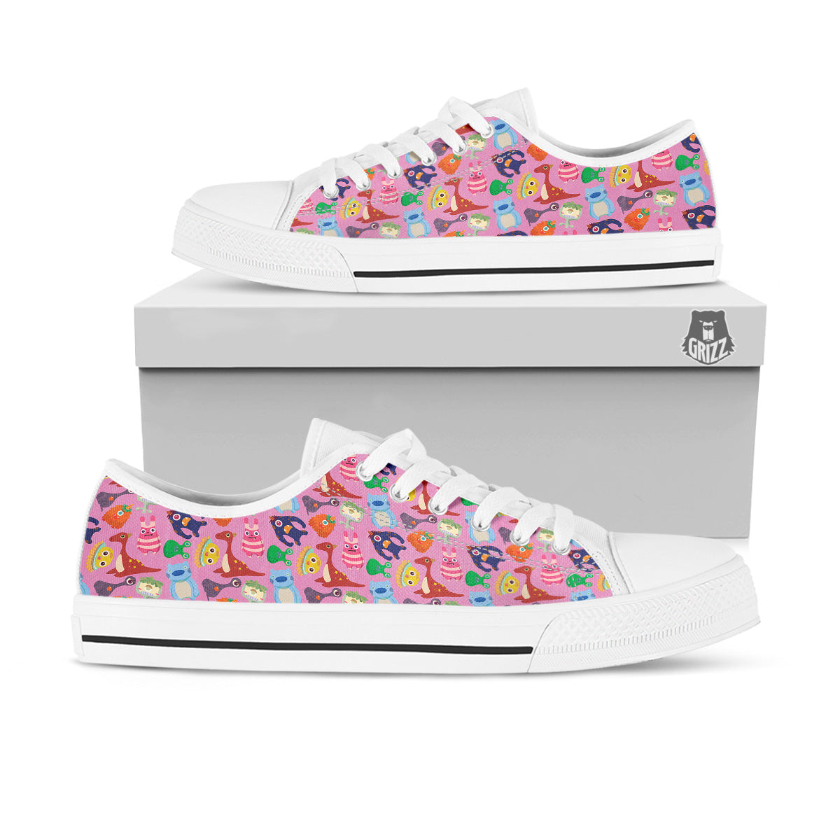Toy Monster Cute Pink Print Pattern White Low Top Shoes-grizzshop