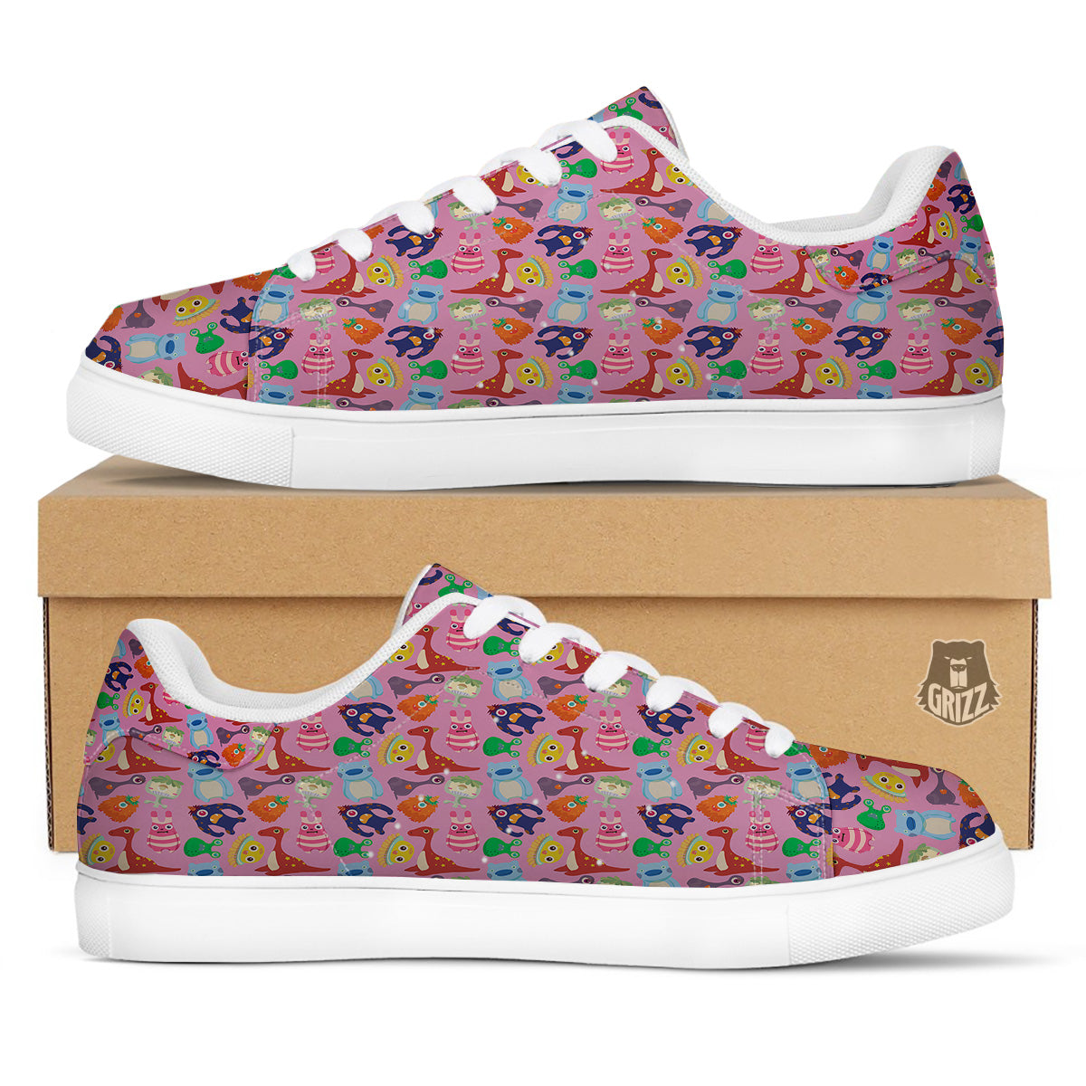 Toy Monster Cute Pink Print Pattern White Low Top Sneakers-grizzshop