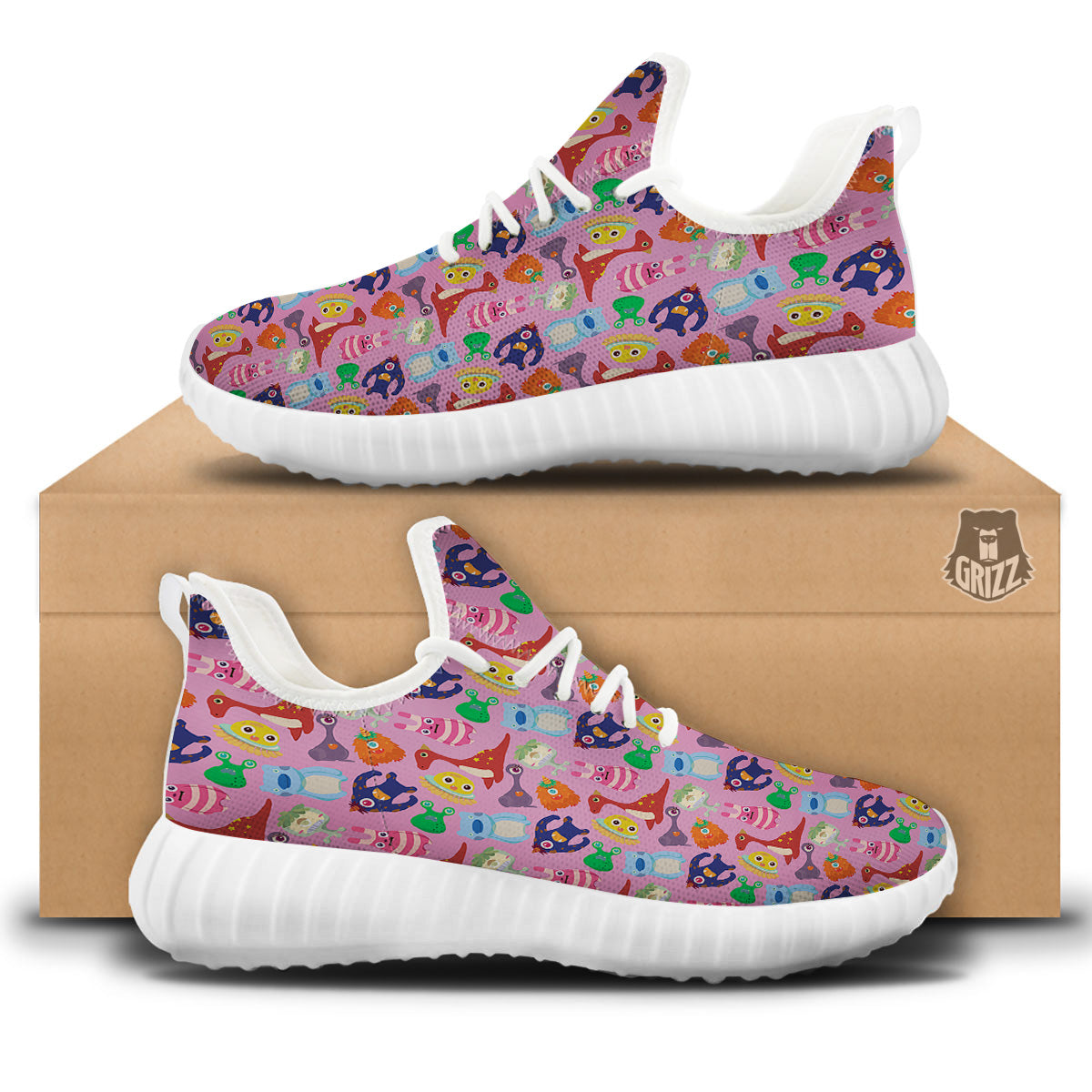 Toy Monster Cute Pink Print Pattern White Walking Shoes-grizzshop