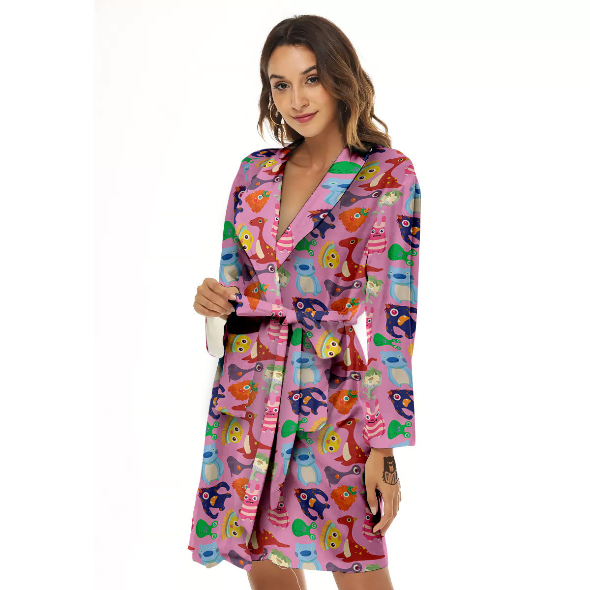 Toy Monster Cute Pink Print Pattern Women's Robe-grizzshop