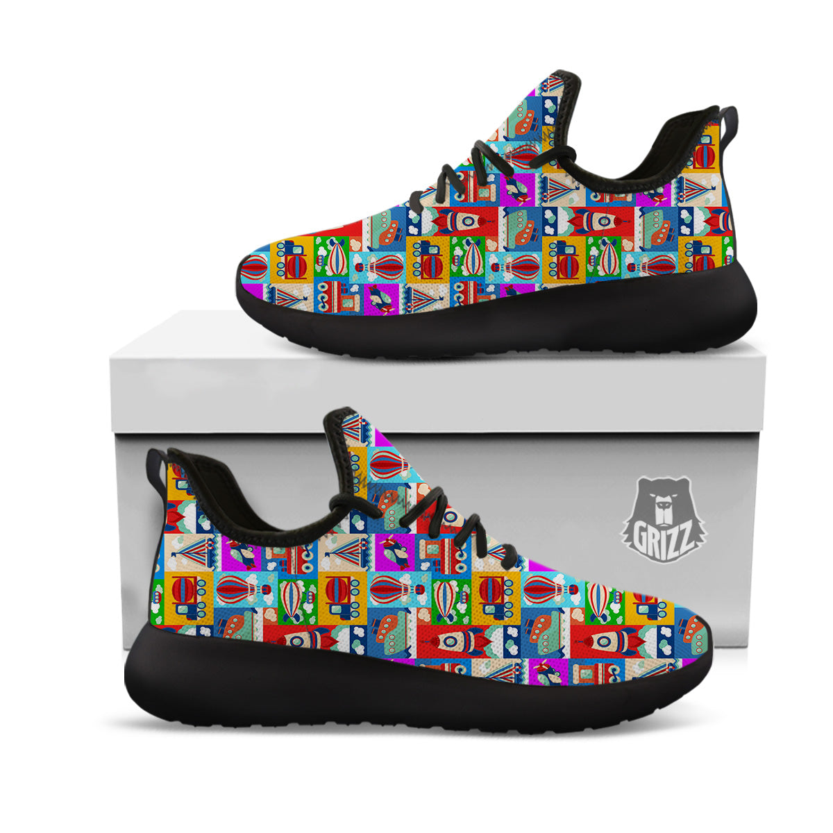 Toy Transport Cartoon Colorful Print Pattern Black Athletic Shoes-grizzshop