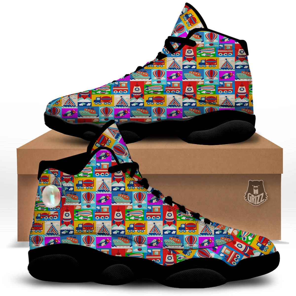 Toy Transport Cartoon Colorful Print Pattern Black Basketball Shoes-grizzshop
