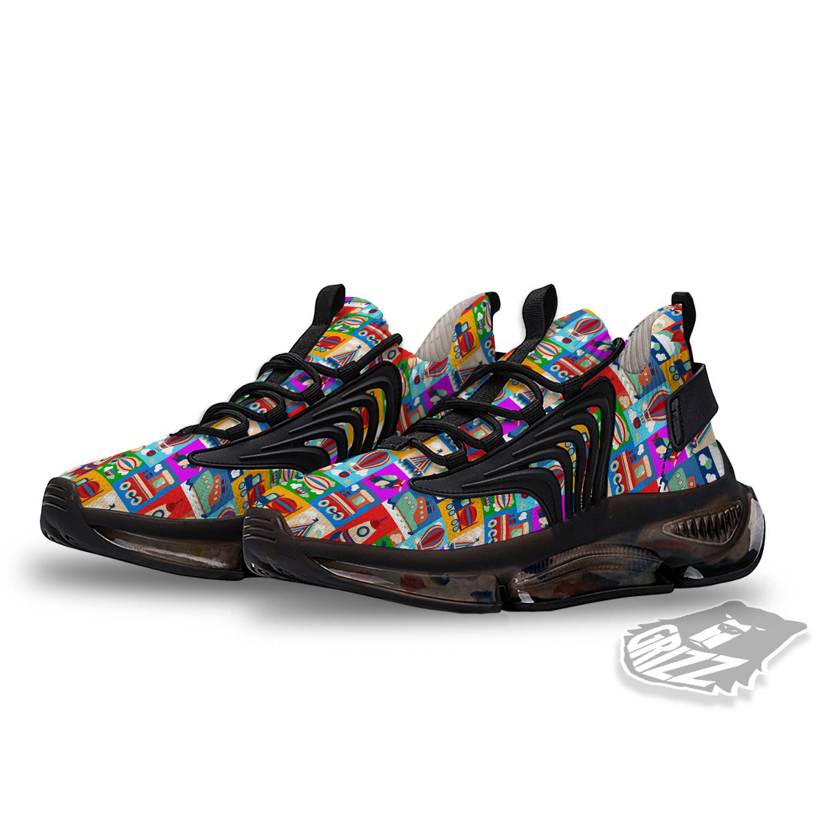 Toy Transport Cartoon Colorful Print Pattern Black Gym Shoes-grizzshop