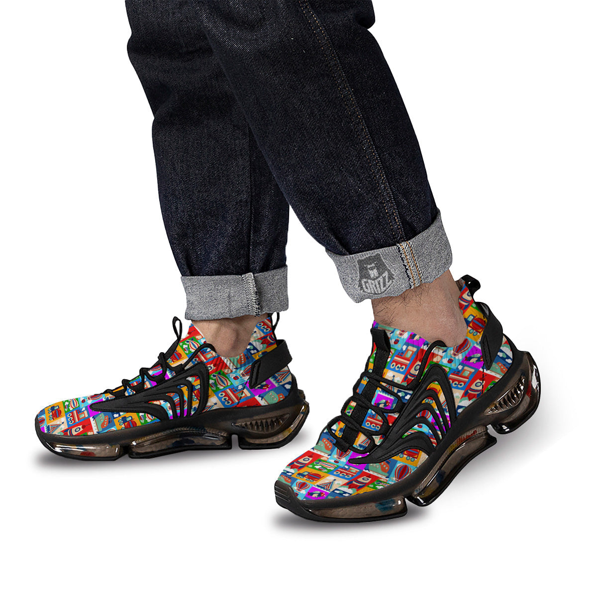 Toy Transport Cartoon Colorful Print Pattern Black Gym Shoes-grizzshop