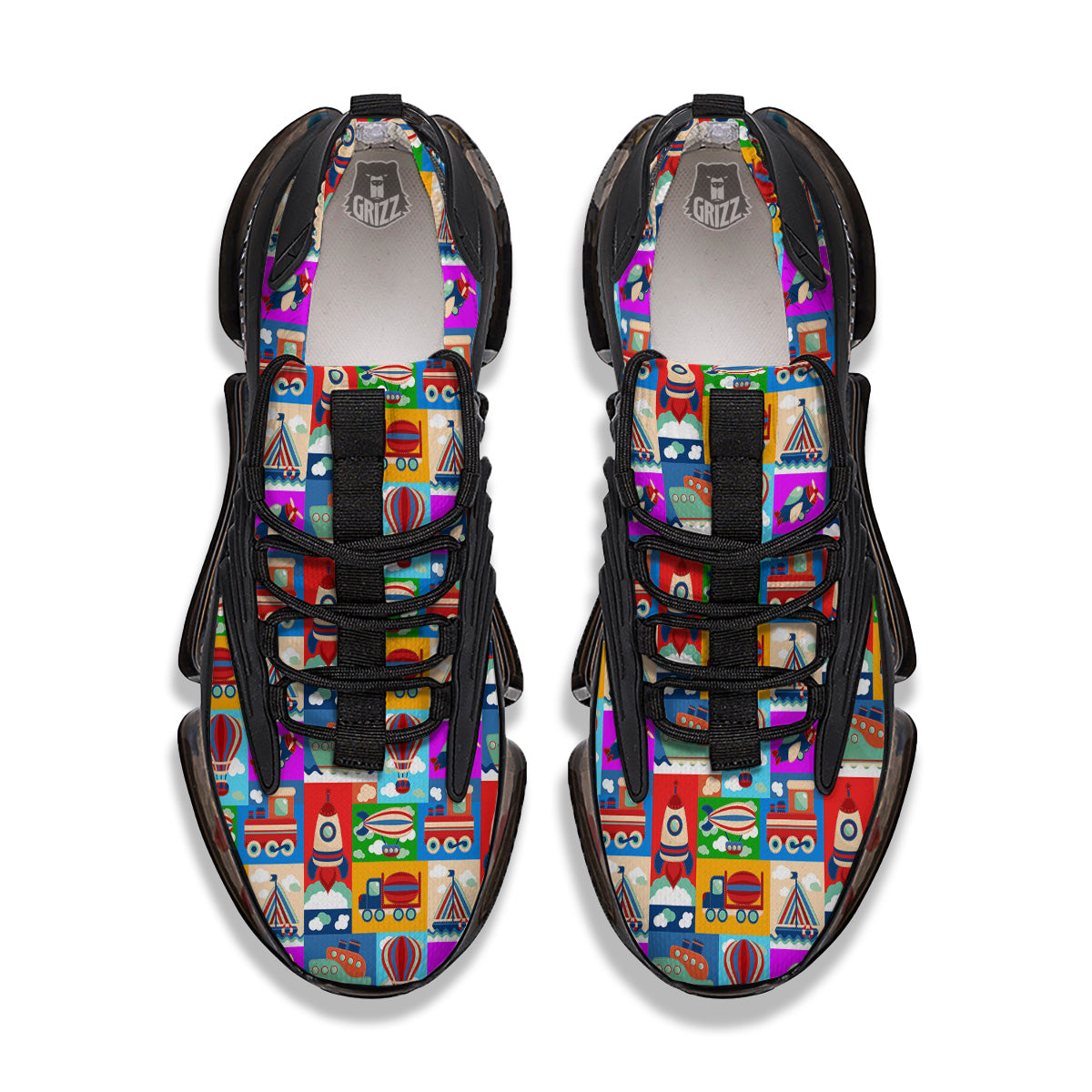 Toy Transport Cartoon Colorful Print Pattern Black Gym Shoes-grizzshop