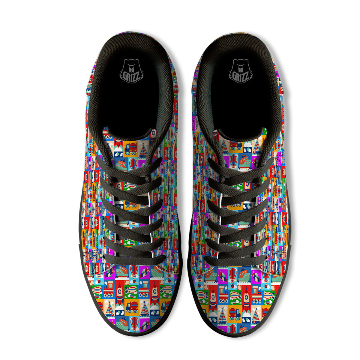 Toy Transport Cartoon Colorful Print Pattern Black Low Top Sneakers-grizzshop