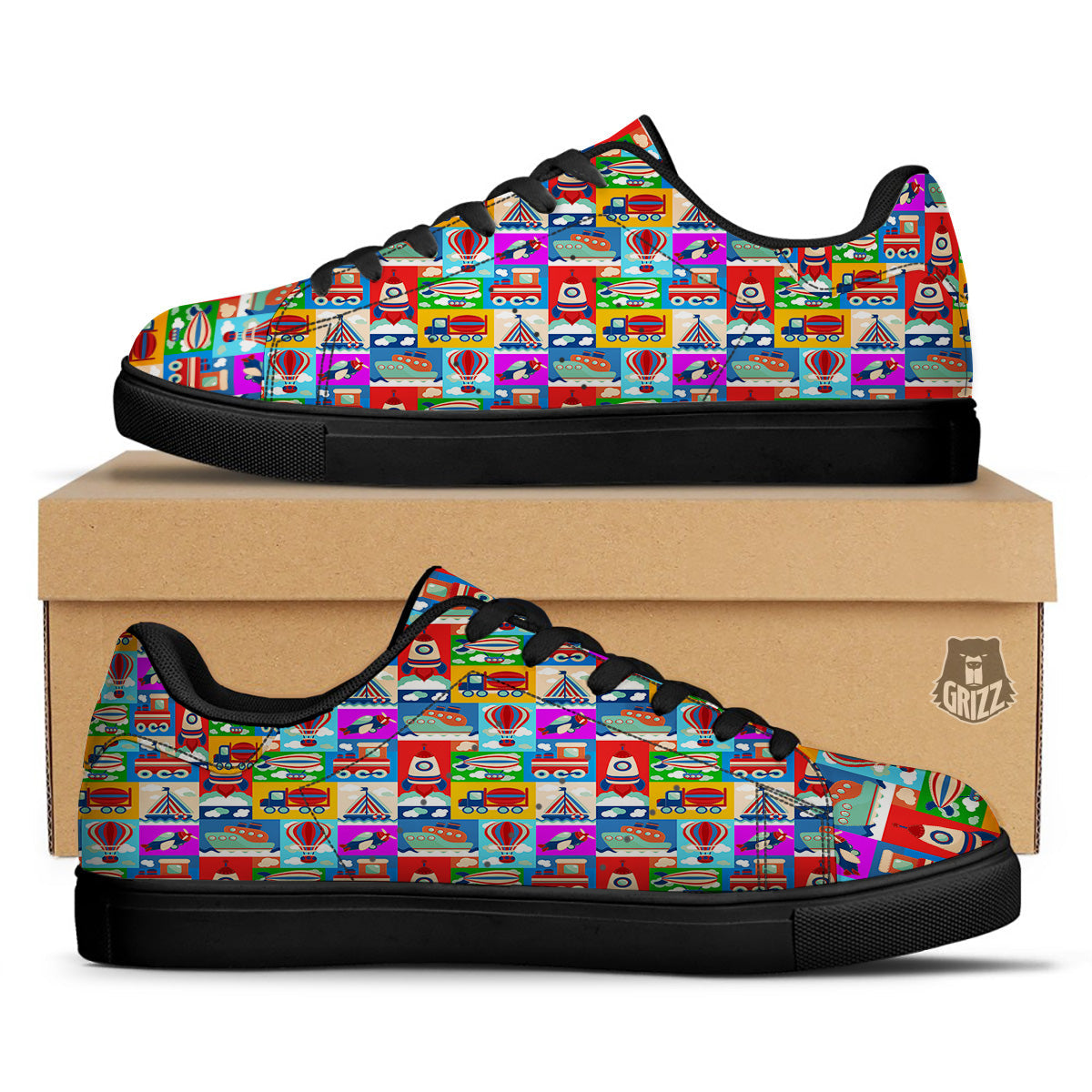 Toy Transport Cartoon Colorful Print Pattern Black Low Top Sneakers-grizzshop