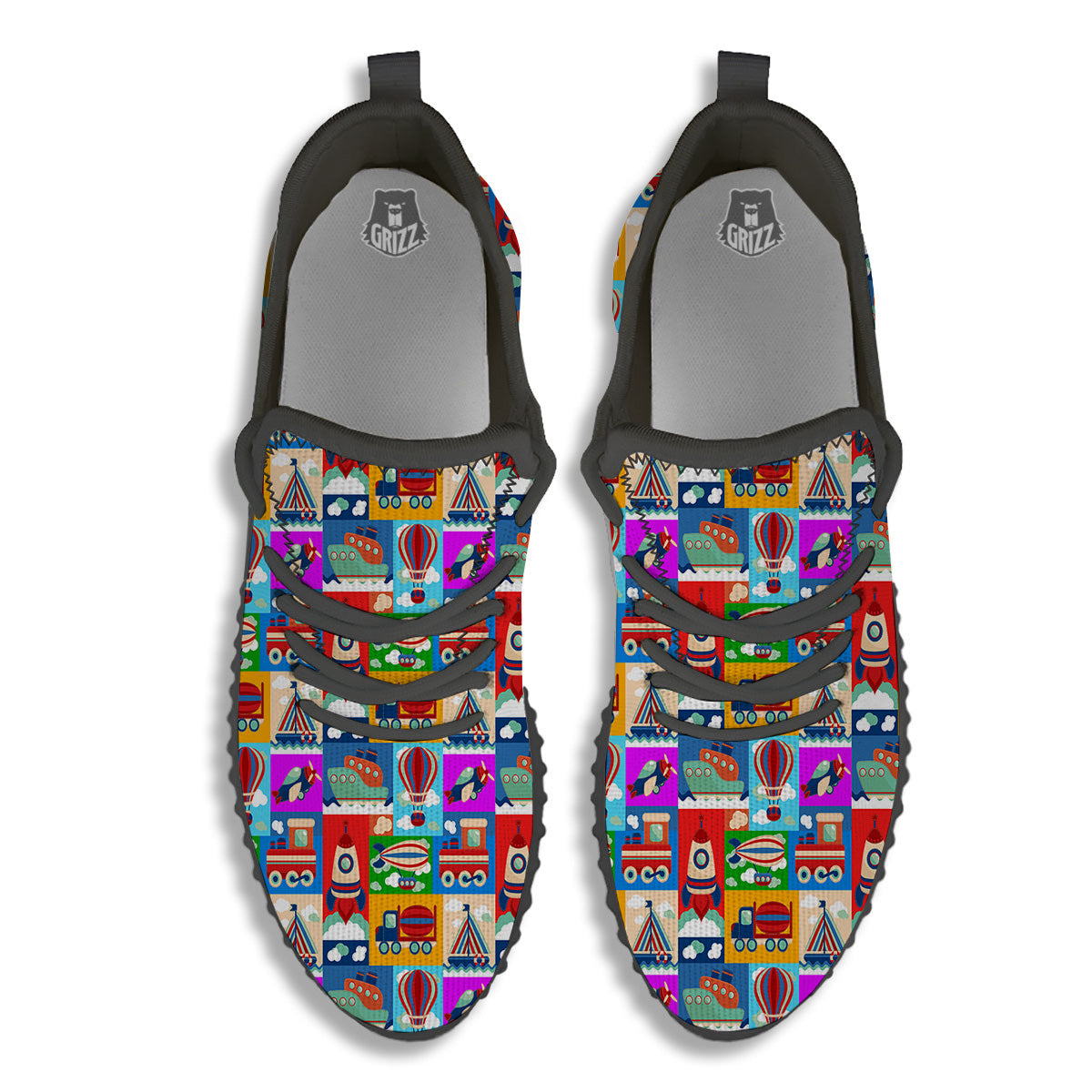 Toy Transport Cartoon Colorful Print Pattern Black Walking Shoes-grizzshop