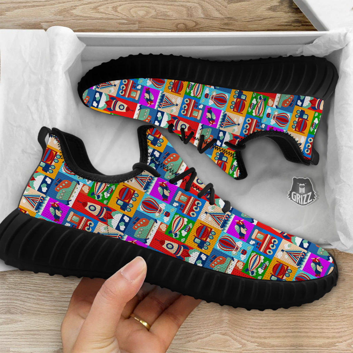 Toy Transport Cartoon Colorful Print Pattern Black Walking Shoes-grizzshop