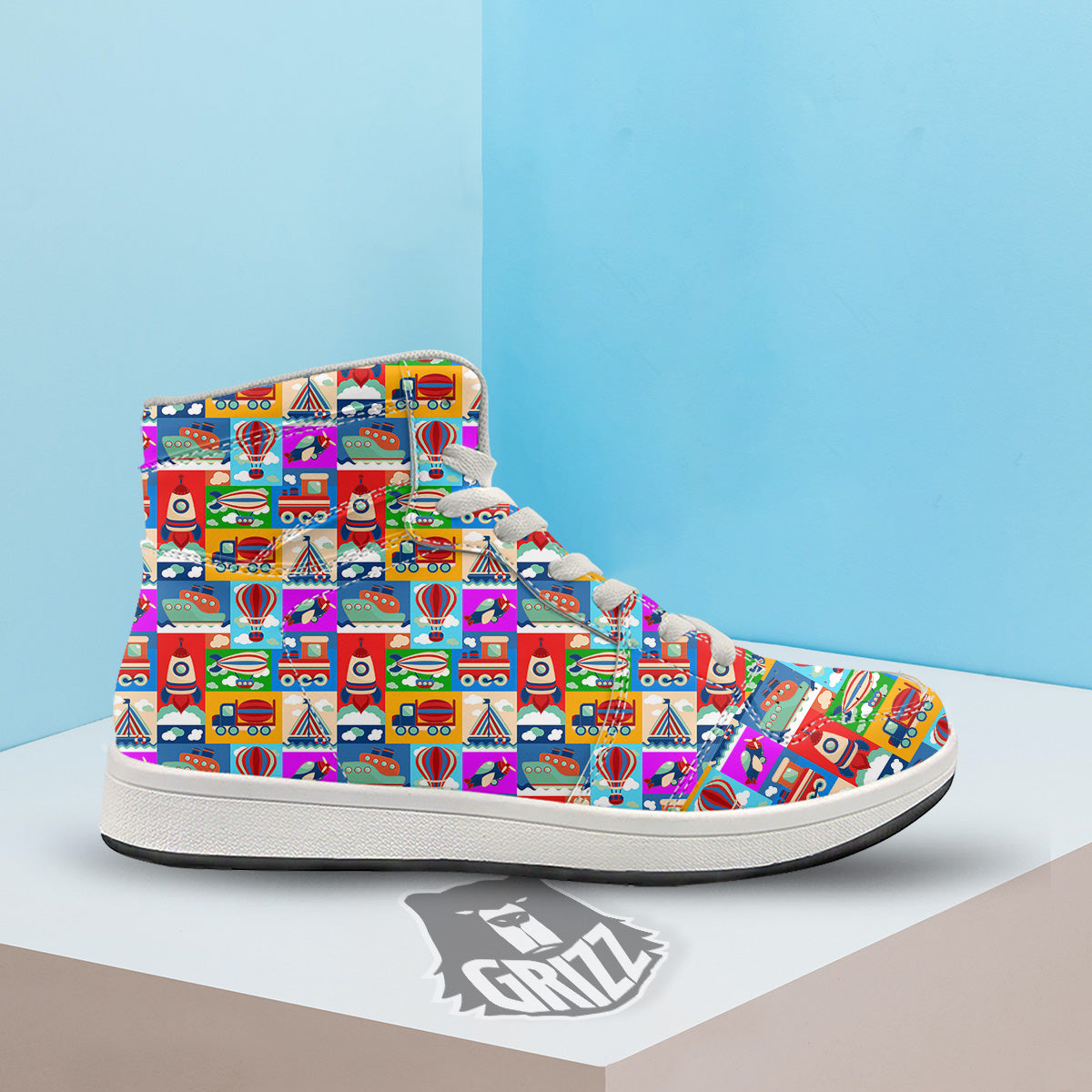 Toy Transport Cartoon Colorful Print Pattern High Top Sneakers-grizzshop