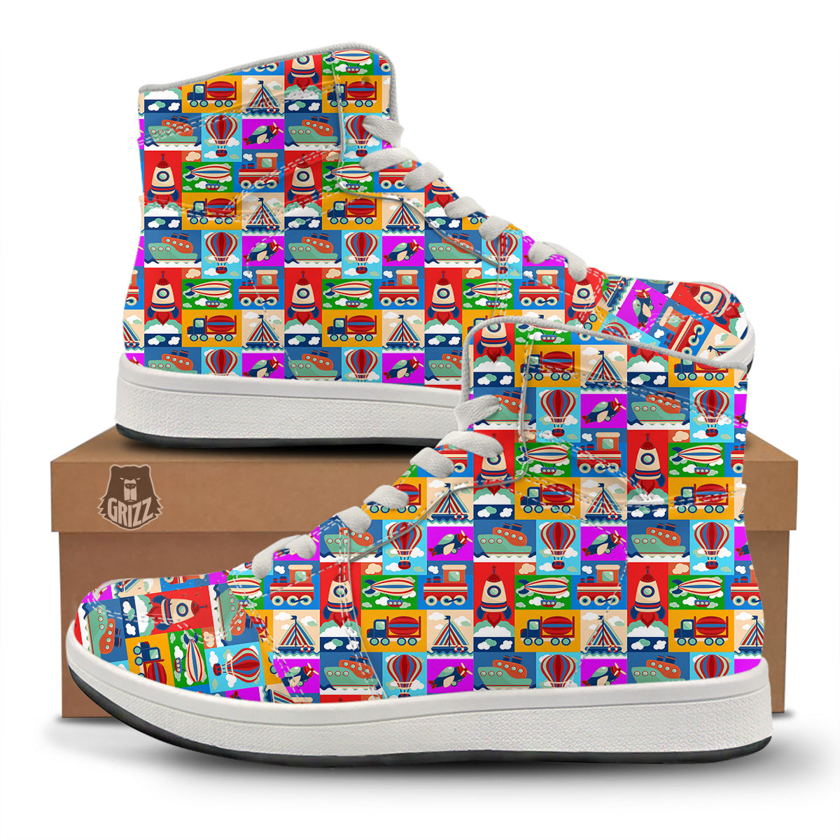 Toy Transport Cartoon Colorful Print Pattern High Top Sneakers-grizzshop