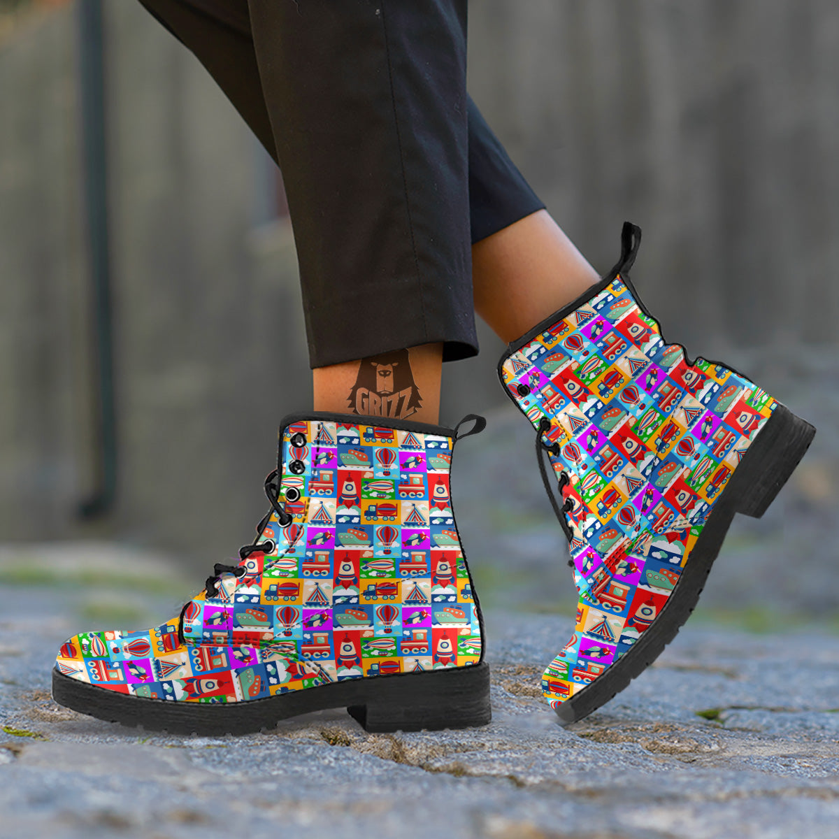 Toy Transport Cartoon Colorful Print Pattern Leather Boots-grizzshop
