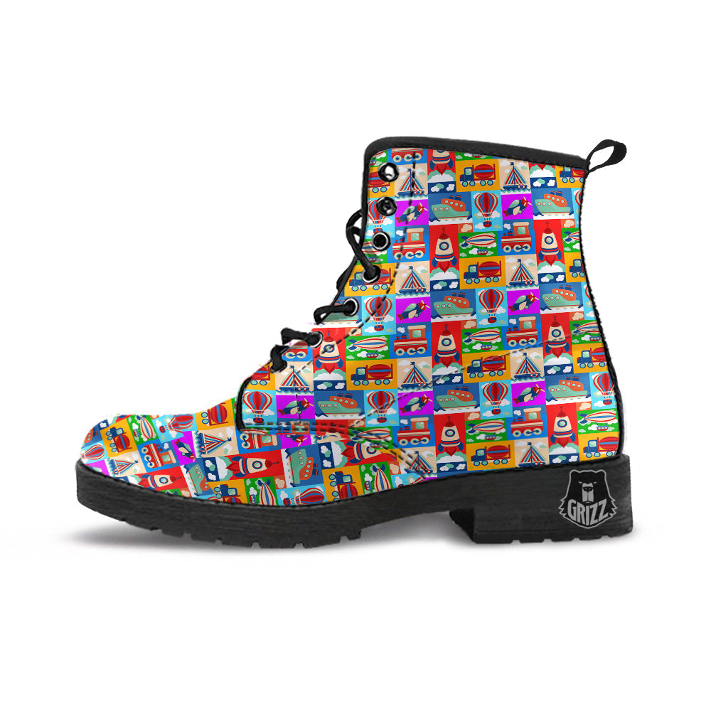 Toy Transport Cartoon Colorful Print Pattern Leather Boots-grizzshop
