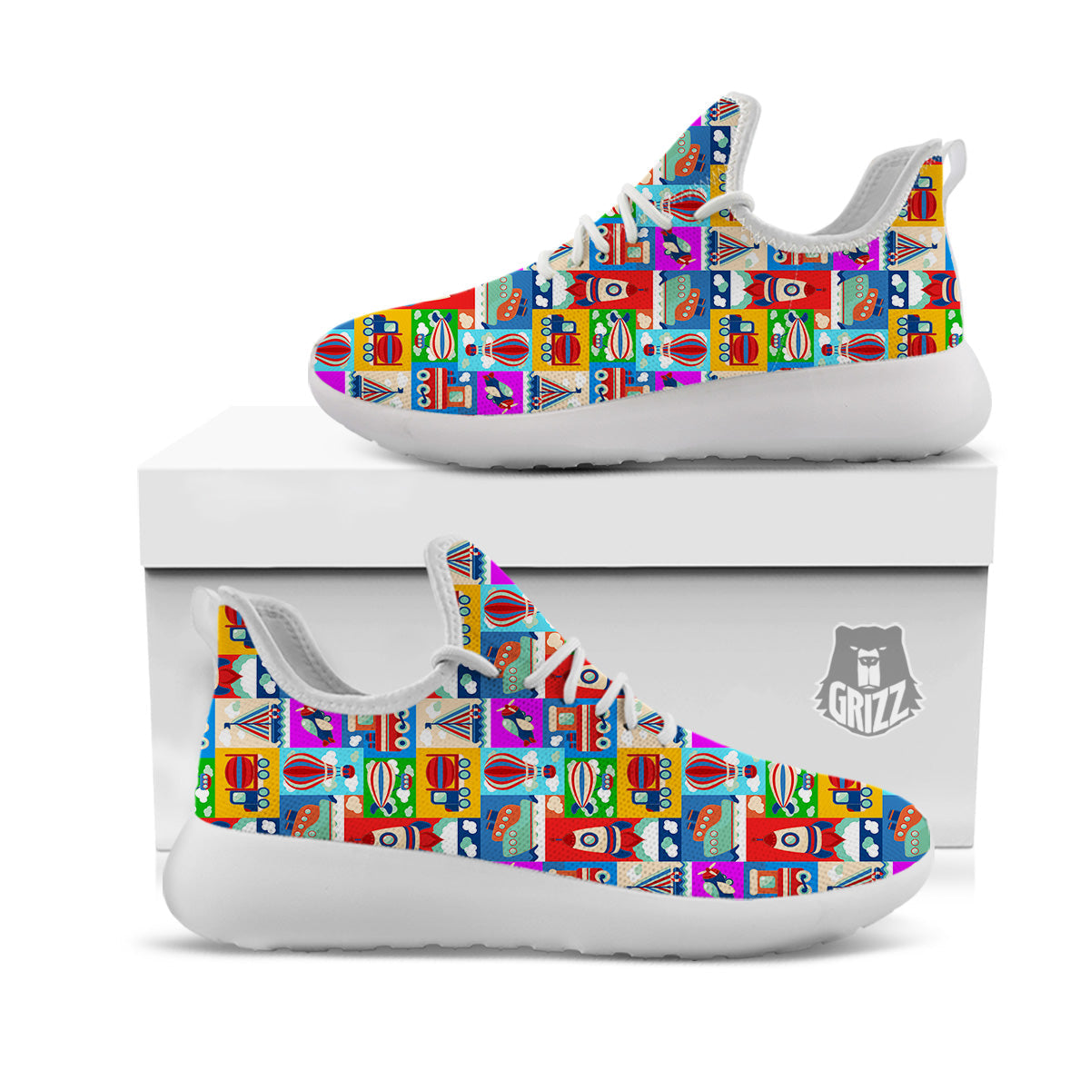 Toy Transport Cartoon Colorful Print Pattern White Athletic Shoes-grizzshop