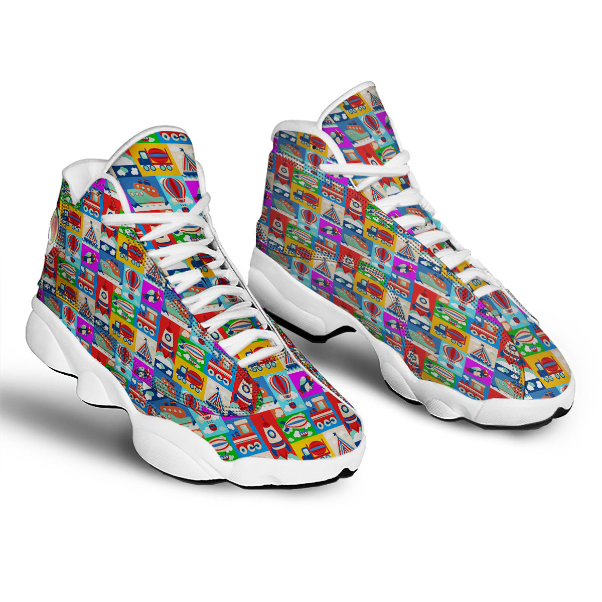 Toy Transport Cartoon Colorful Print Pattern White Basketball Shoes-grizzshop
