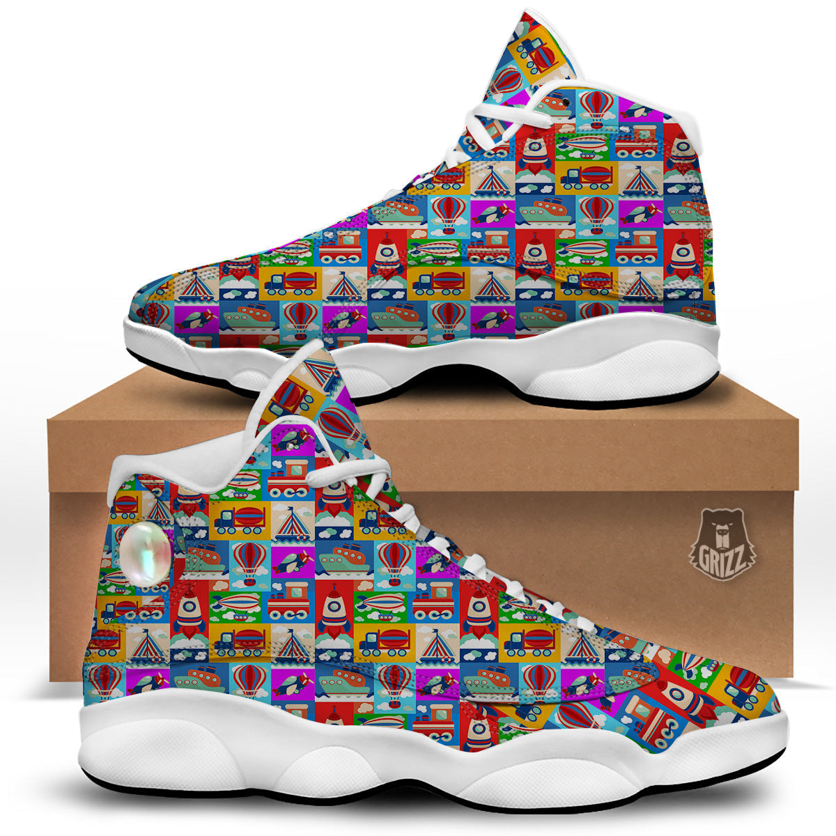 Toy Transport Cartoon Colorful Print Pattern White Basketball Shoes-grizzshop