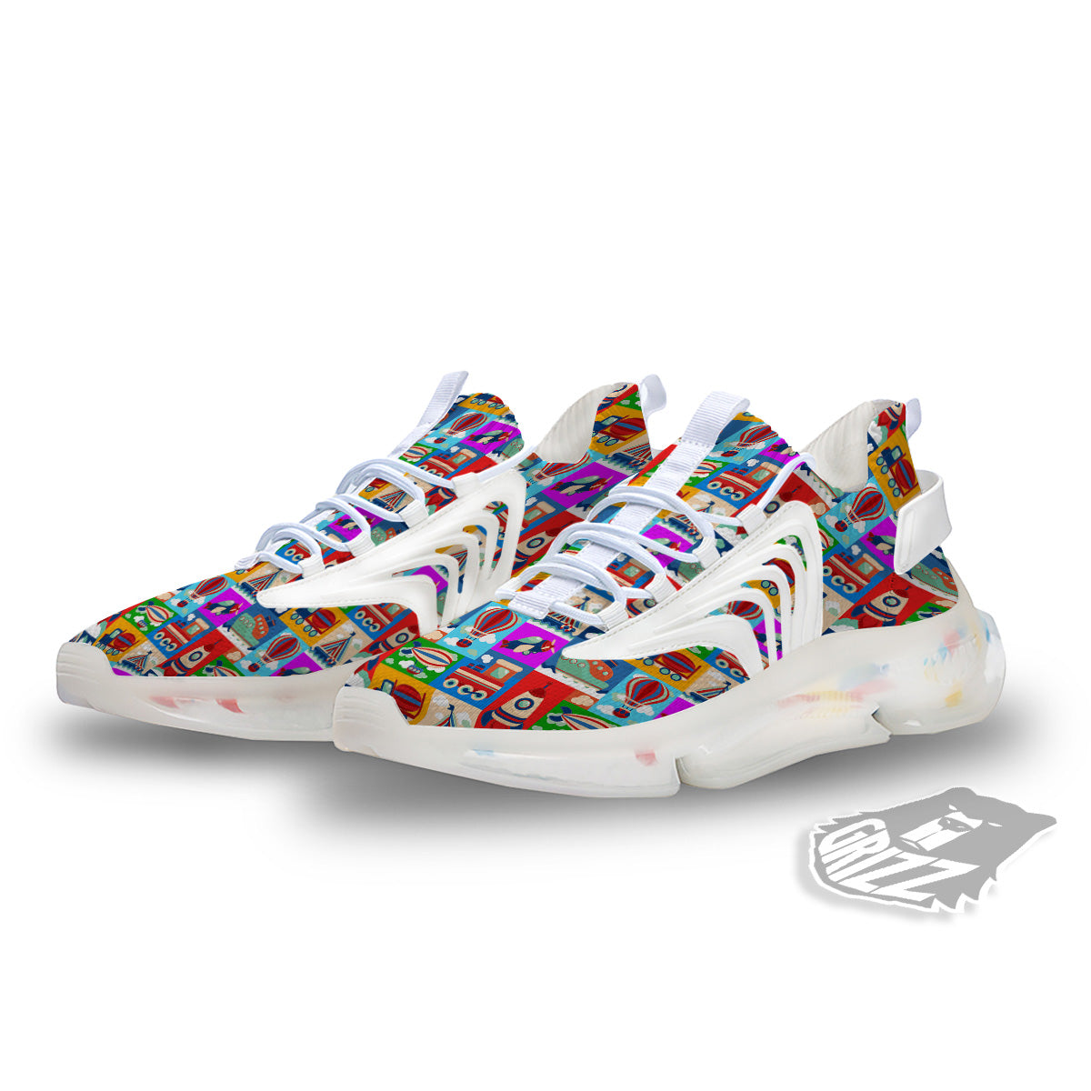 Toy Transport Cartoon Colorful Print Pattern White Gym Shoes-grizzshop