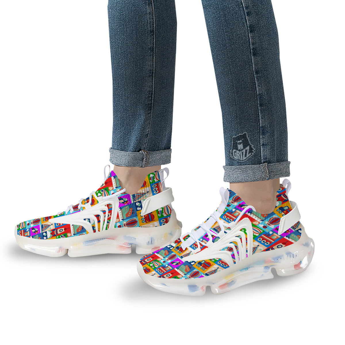 Toy Transport Cartoon Colorful Print Pattern White Gym Shoes-grizzshop