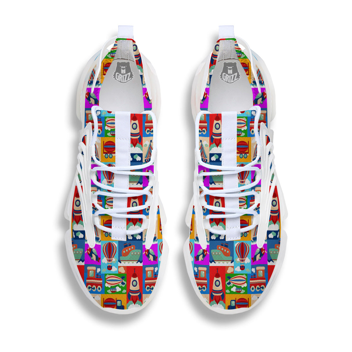 Toy Transport Cartoon Colorful Print Pattern White Gym Shoes-grizzshop