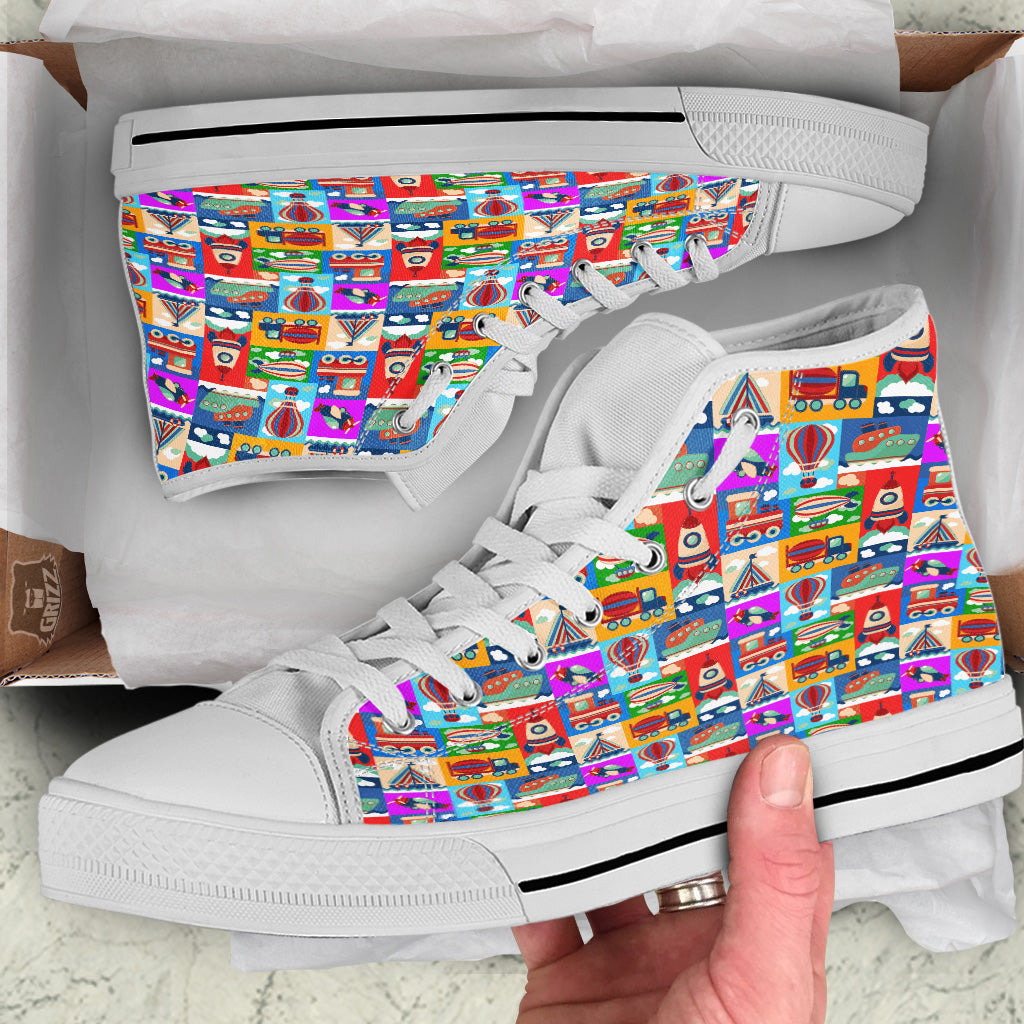 Toy Transport Cartoon Colorful Print Pattern White High Top Shoes-grizzshop