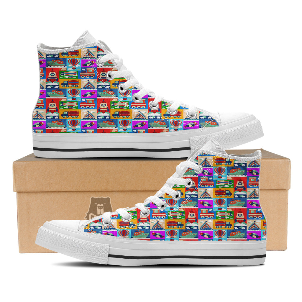Toy Transport Cartoon Colorful Print Pattern White High Top Shoes-grizzshop