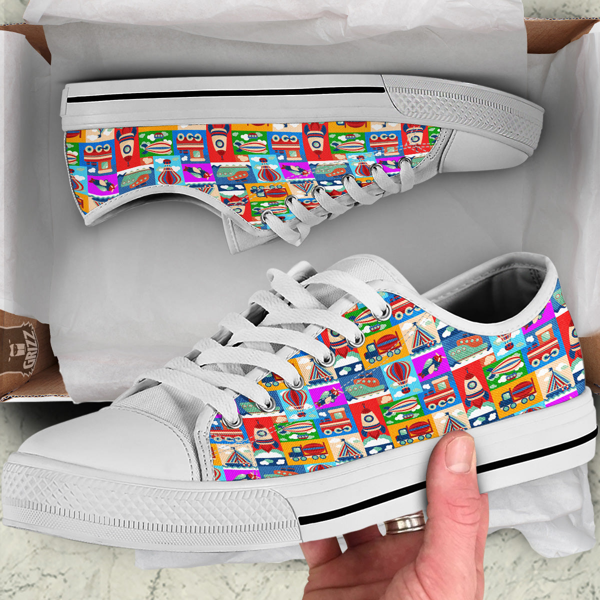 Toy Transport Cartoon Colorful Print Pattern White Low Top Shoes-grizzshop