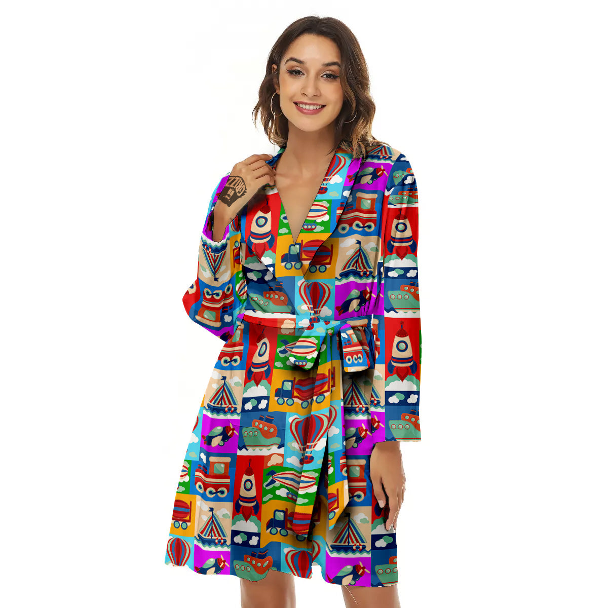 Toy Transport Cartoon Colorful Print Pattern Women's Robe-grizzshop