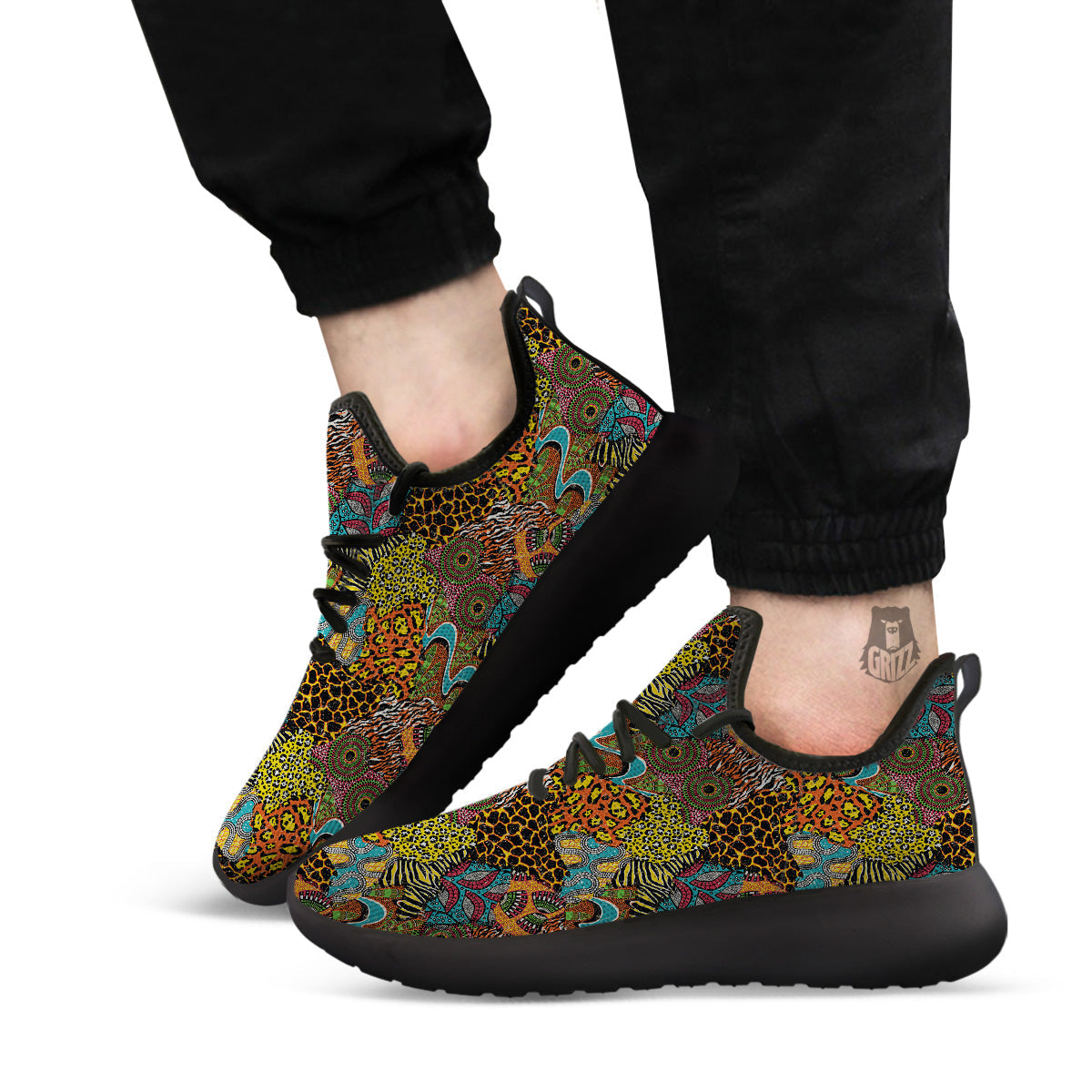 Traditional African And Wild Animal Skins Print Pattern Black Athletic Shoes-grizzshop