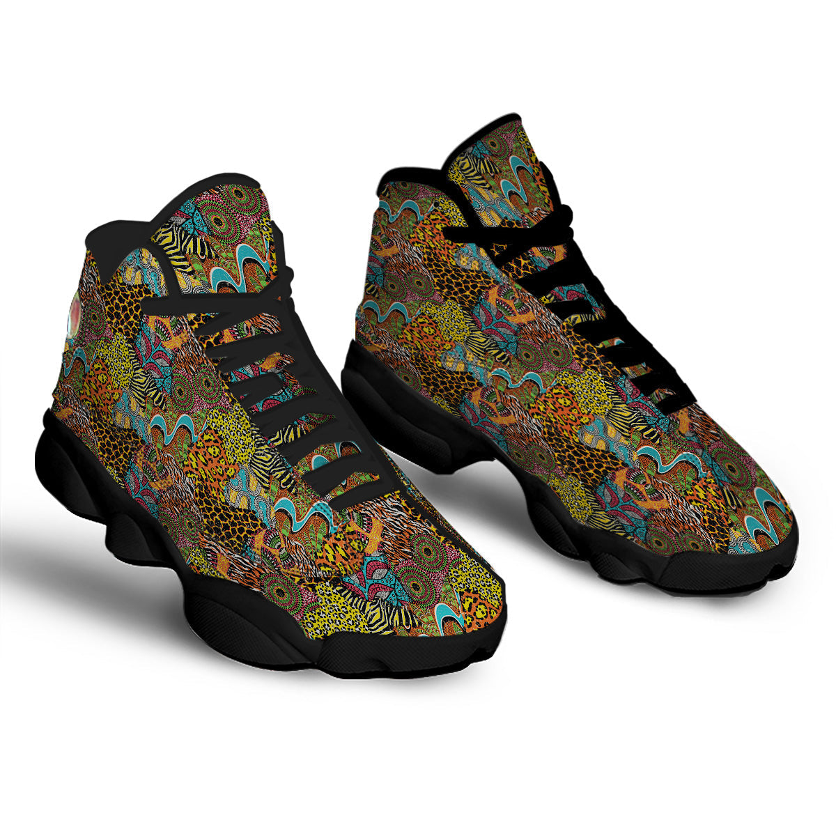 Traditional African And Wild Animal Skins Print Pattern Black Basketball Shoes-grizzshop