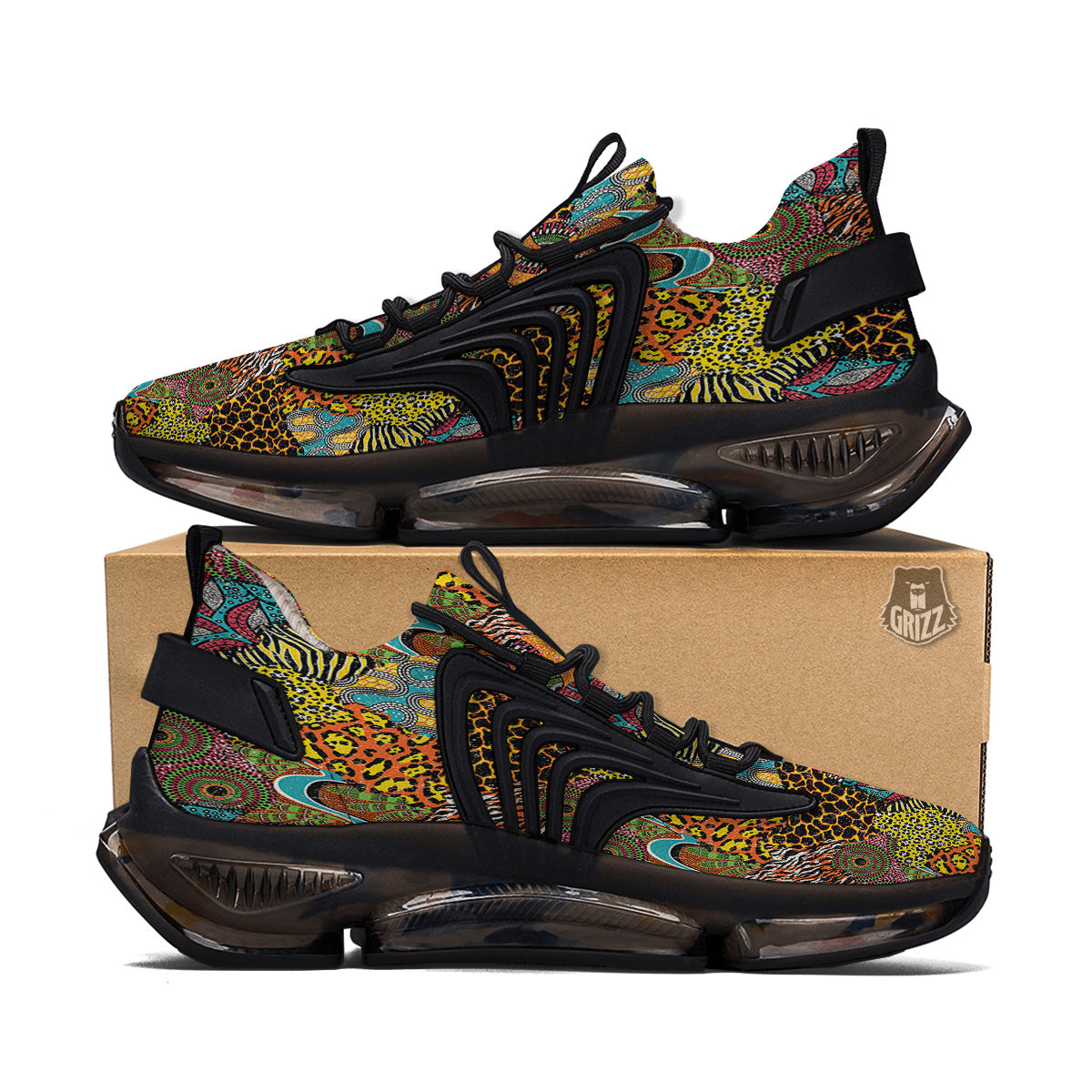 Traditional African And Wild Animal Skins Print Pattern Black Gym Shoes-grizzshop