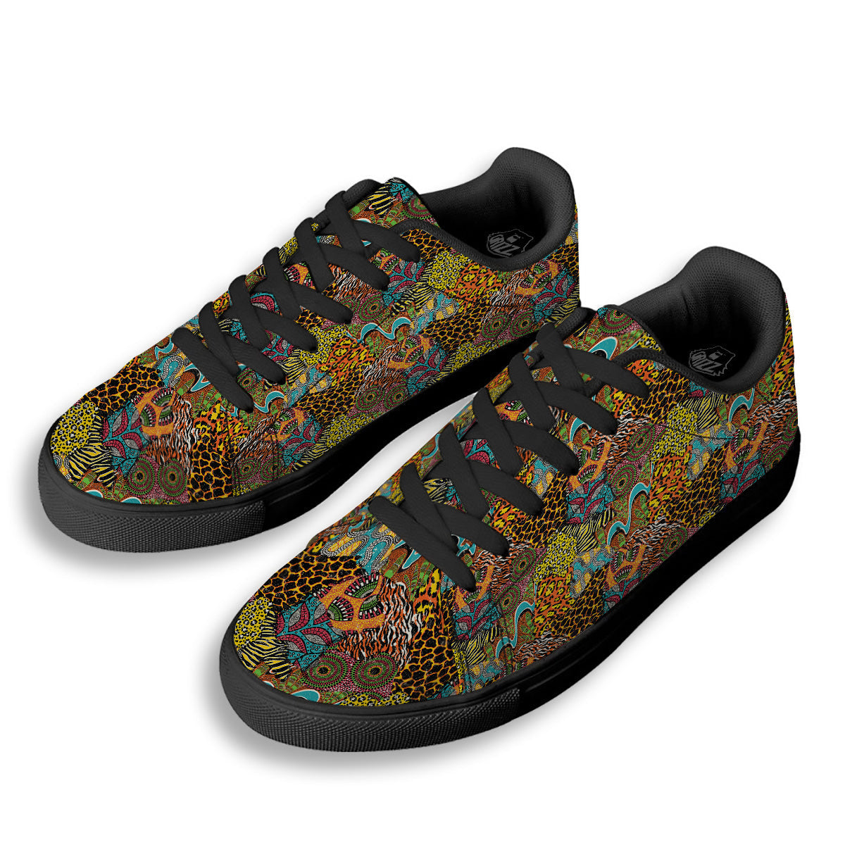 Traditional African And Wild Animal Skins Print Pattern Black Low Top Sneakers-grizzshop