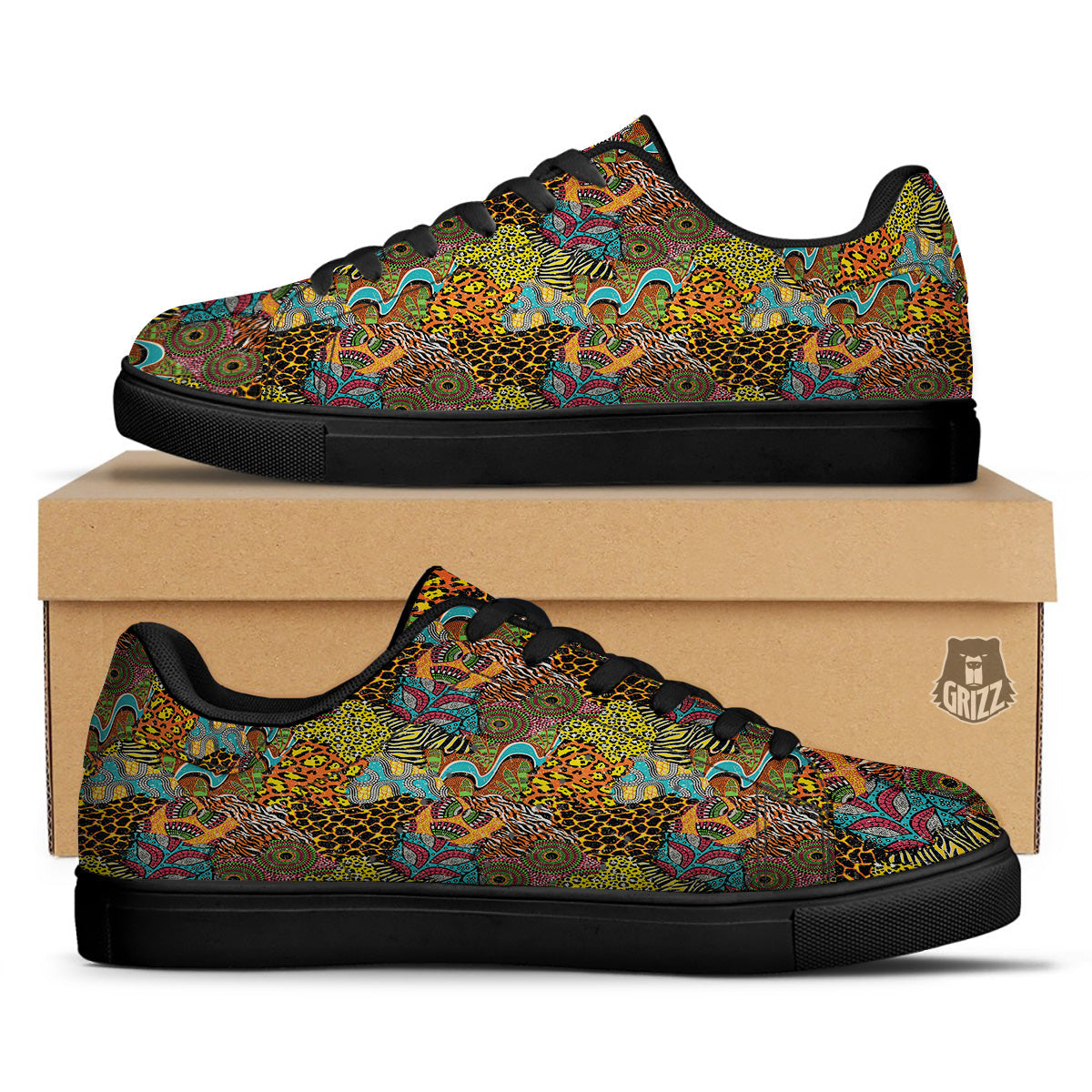Traditional African And Wild Animal Skins Print Pattern Black Low Top Sneakers-grizzshop