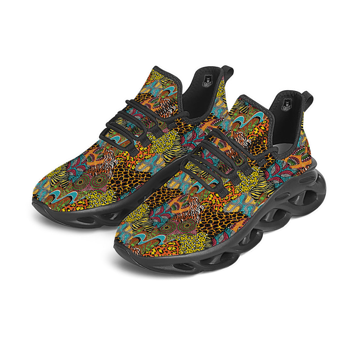 Traditional African And Wild Animal Skins Print Pattern Black Running Shoes-grizzshop