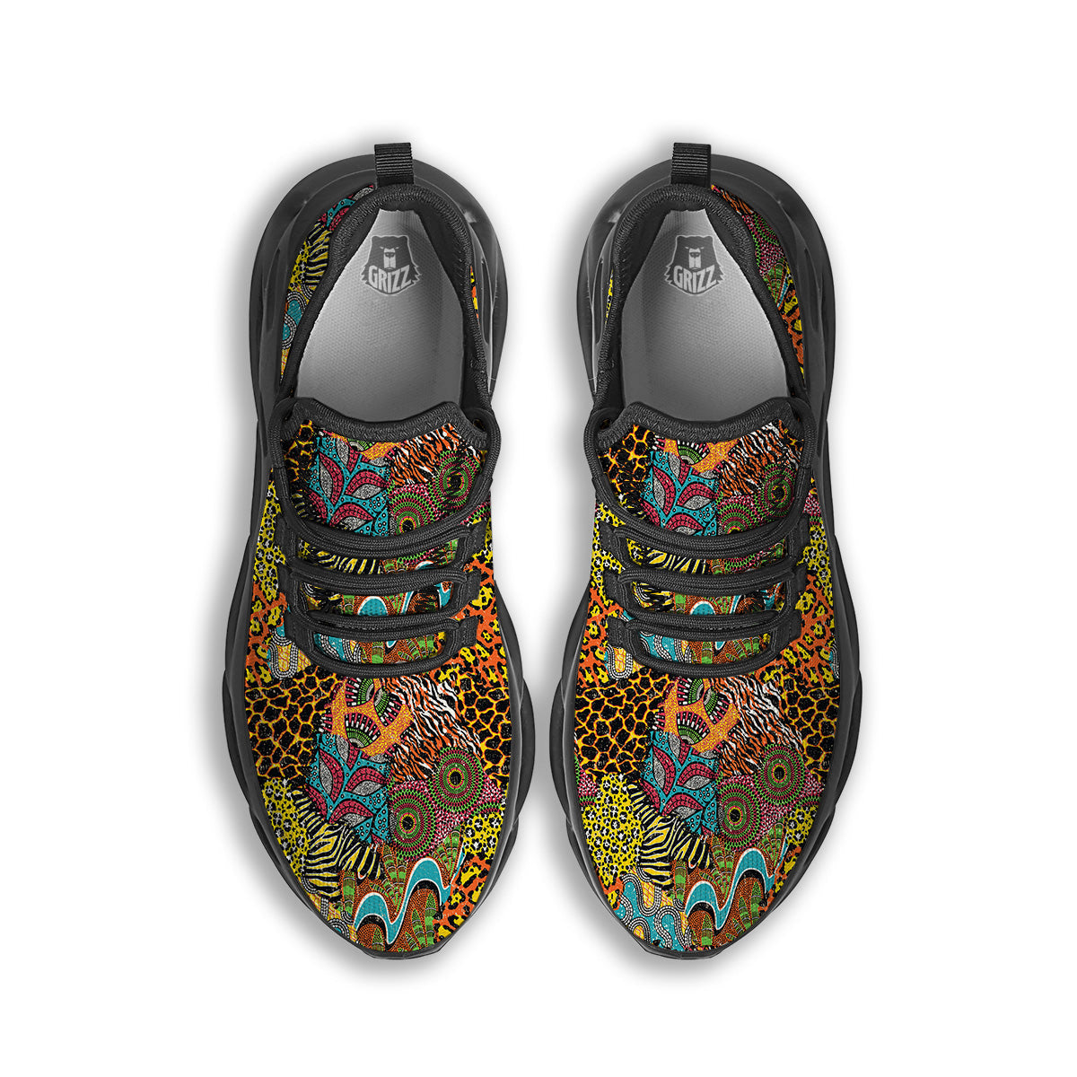 Traditional African And Wild Animal Skins Print Pattern Black Running Shoes-grizzshop