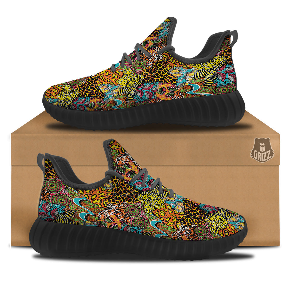 Traditional African And Wild Animal Skins Print Pattern Black Walking Shoes-grizzshop