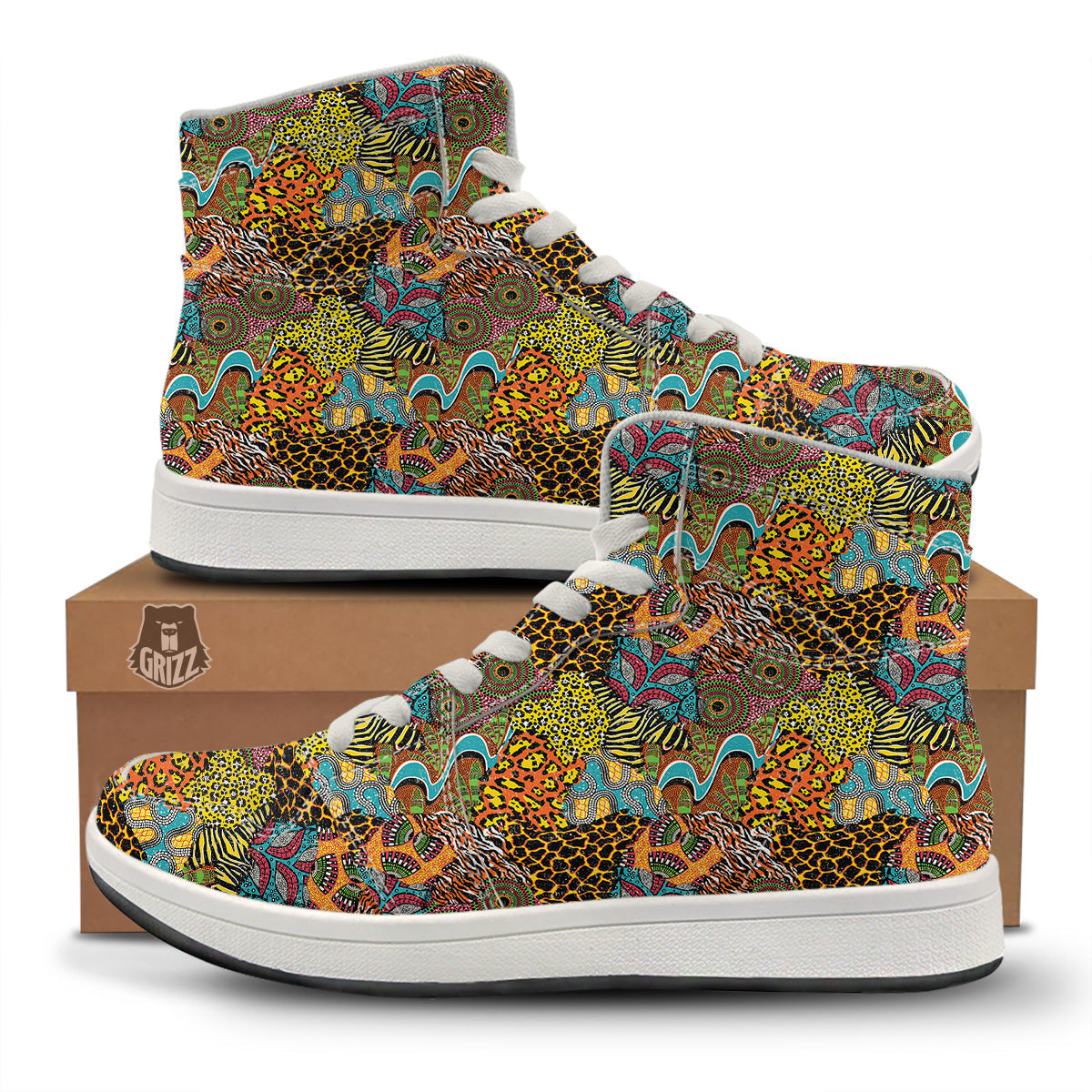 Traditional African And Wild Animal Skins Print Pattern High Top Sneakers-grizzshop
