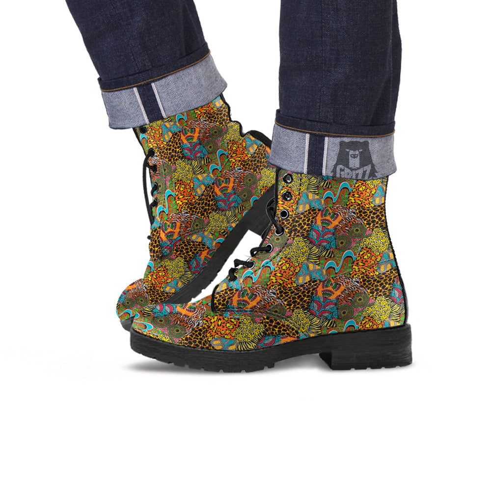 Traditional African And Wild Animal Skins Print Pattern Leather Boots-grizzshop