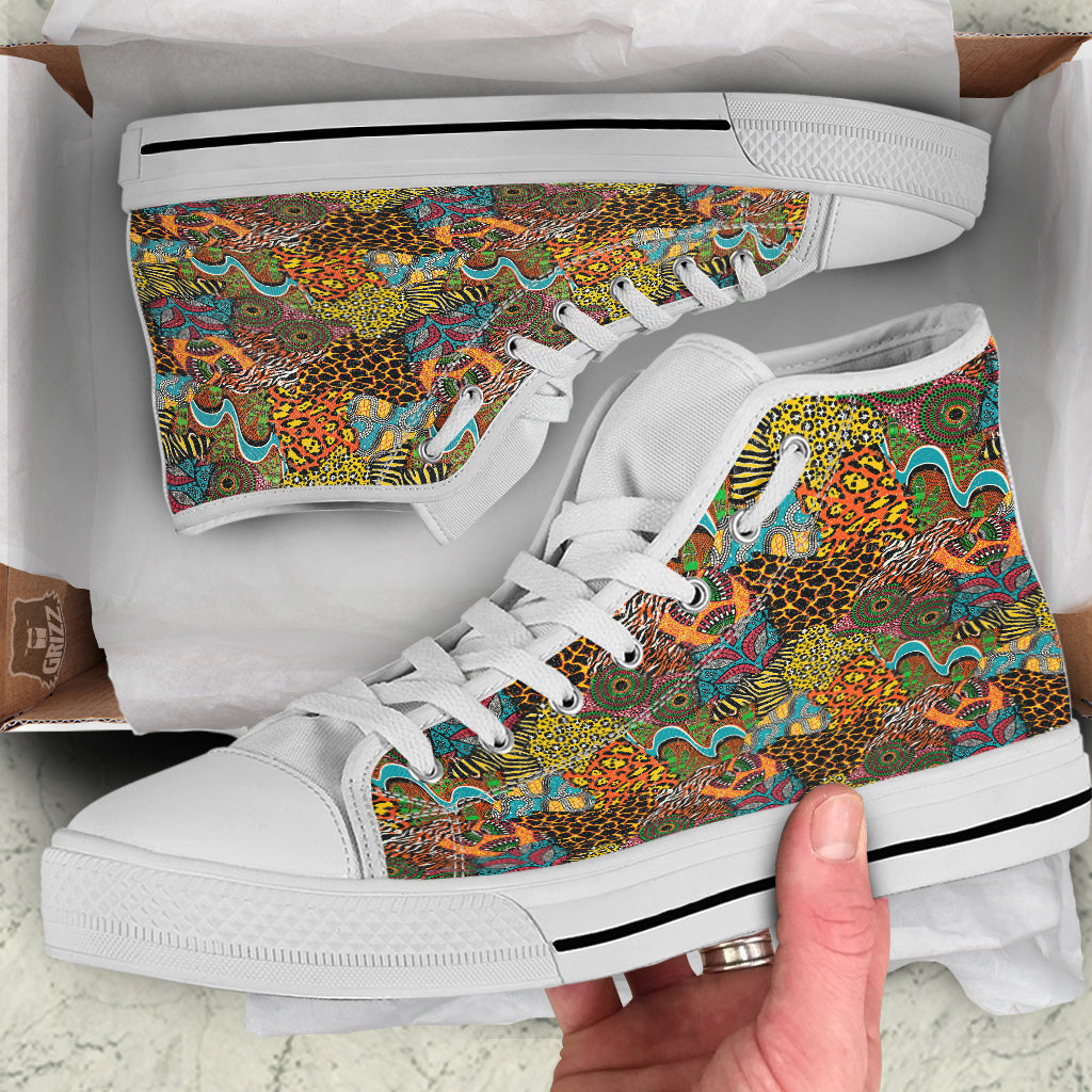 Traditional African And Wild Animal Skins Print Pattern White High Top Shoes-grizzshop