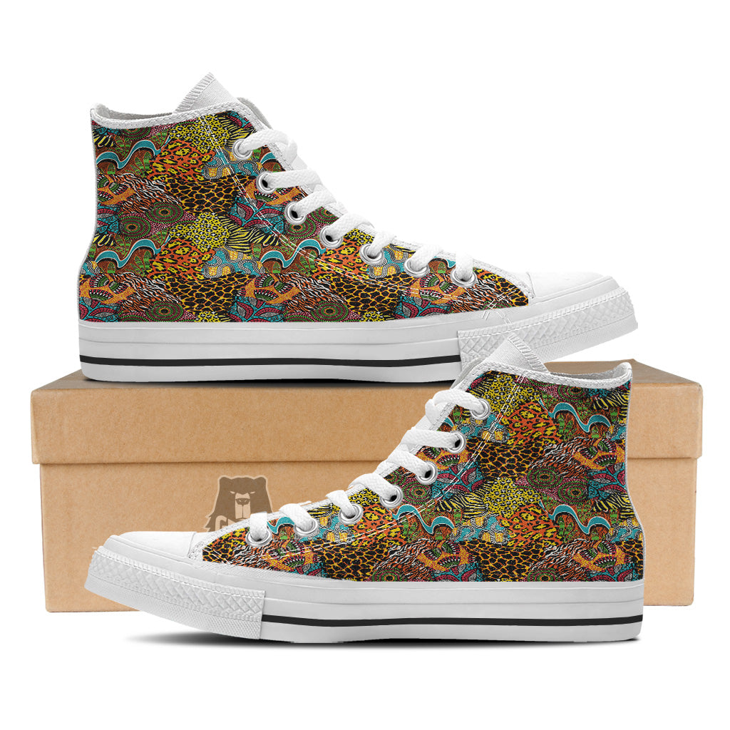 Traditional African And Wild Animal Skins Print Pattern White High Top Shoes-grizzshop